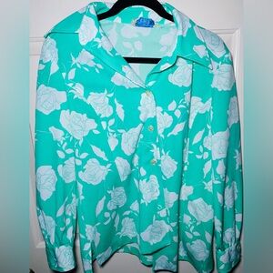 Rare Vintage Mark VII LTD Turquoise and White Floral‎ Print Blouse, M